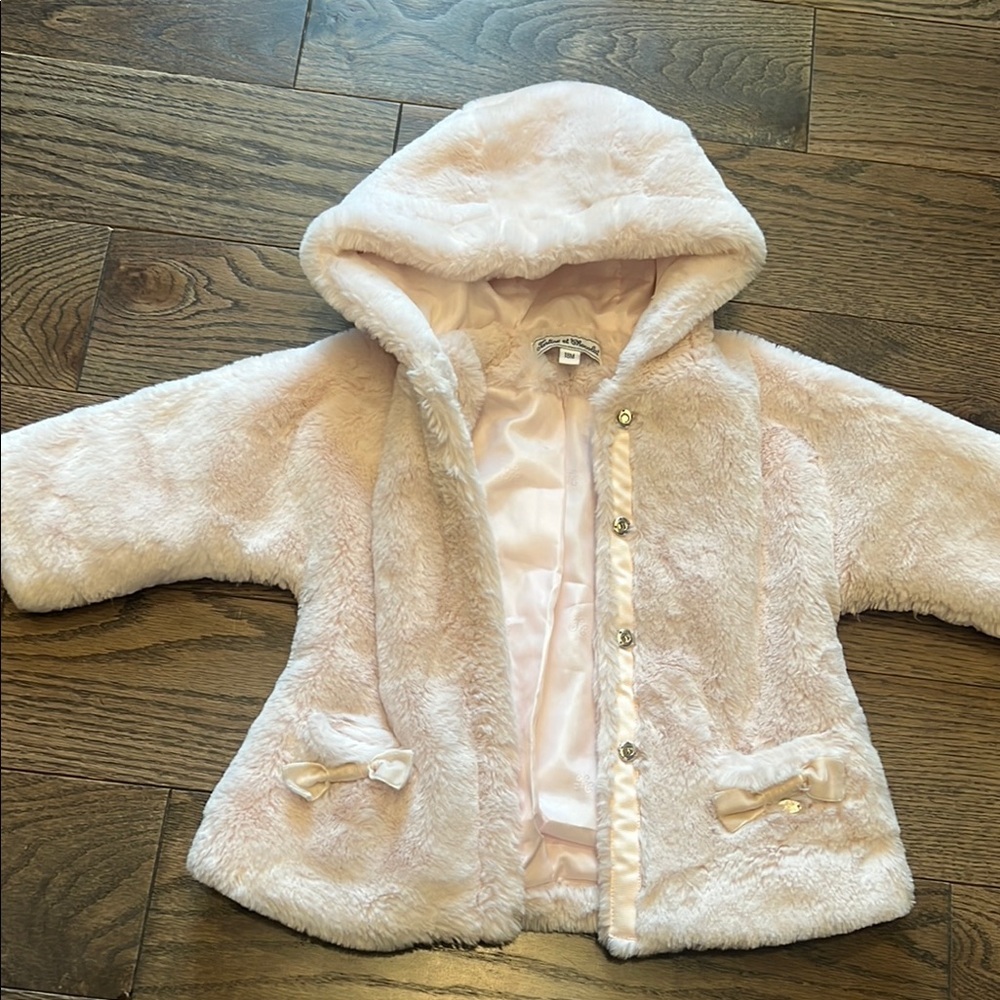 Tartine et Chocolat 18 months Baby Pink Faux Fur Hooded Coat EUC